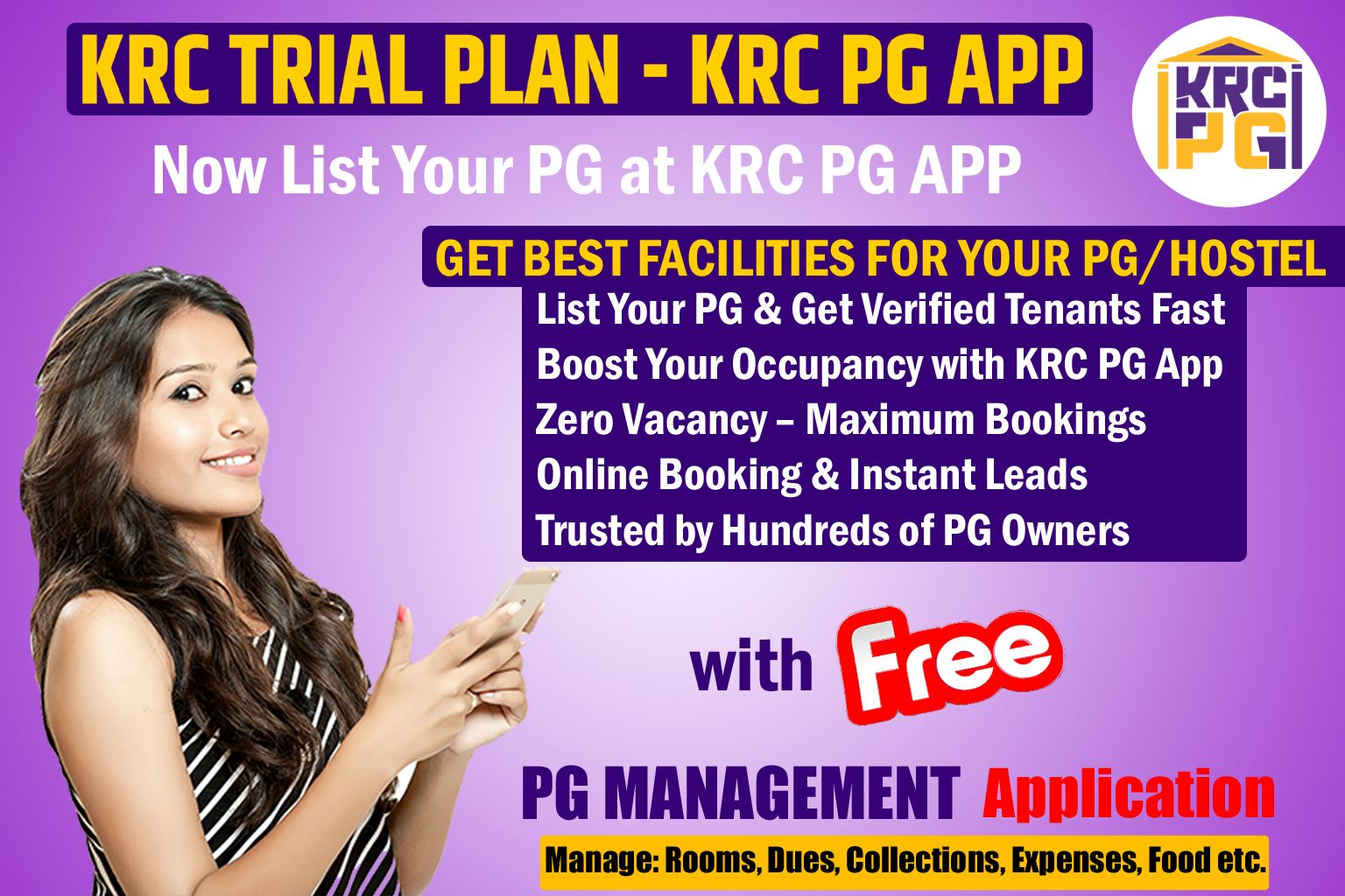"List Your PG/Hostel on KRC PG APP with KRC TRIAL PLAN"